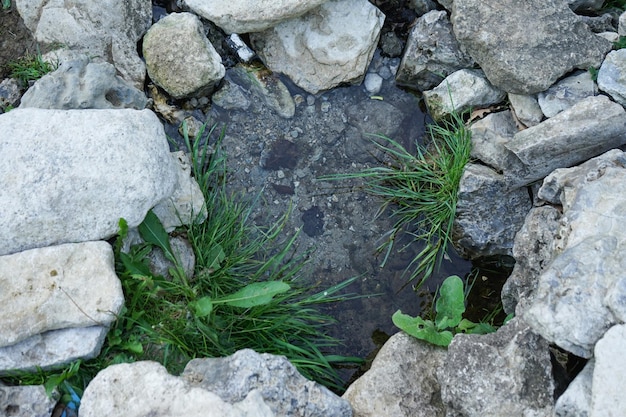 A spring surrounded by stones top view flat lay Nature of Ukraine