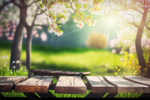 Spring table Blossoms and butterfly in sunny garden with defocused lights