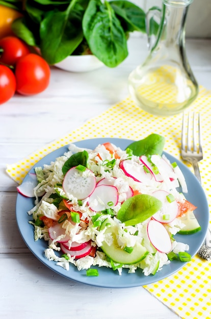 Spring tasty fresh salad with tomatoes, cucumbers, radishes, onions, herbs seasoned