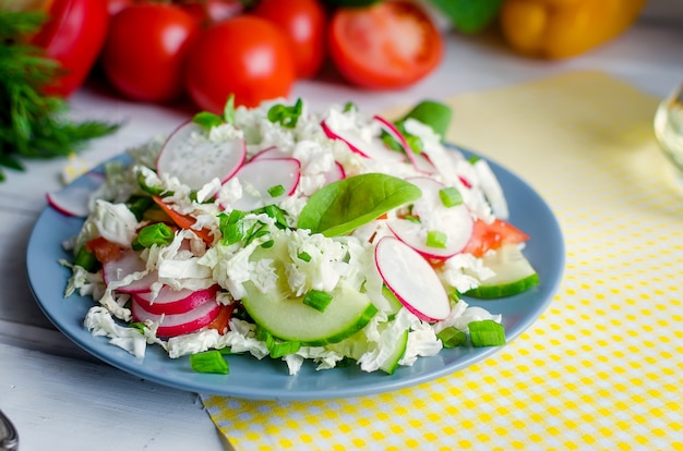 Spring tasty fresh salad with tomatoes, cucumbers, radishes, onions, herbs seasoned