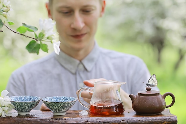 spring tea, Chinese green fresh tea, butterfly on flowers, happiness and Asian meditation in spring