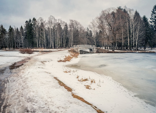 Spring thaw. Alley in the park with melting snow, puddles and ice on a spring day. Snow and dirt in the park. Thawed patches. Spring is coming, the month of March.