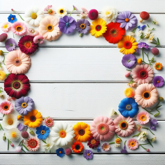 Spring theme with colorful flowers on a rustic wooden background AI generated