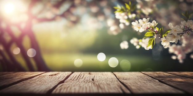 Spring Time blossoms On Wooden Table In Garden on mountain With Bokeh Lights And Flare Effect