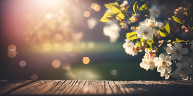 Spring Time blossoms On Wooden Table In Garden on mountain With Bokeh Lights And Flare Effect