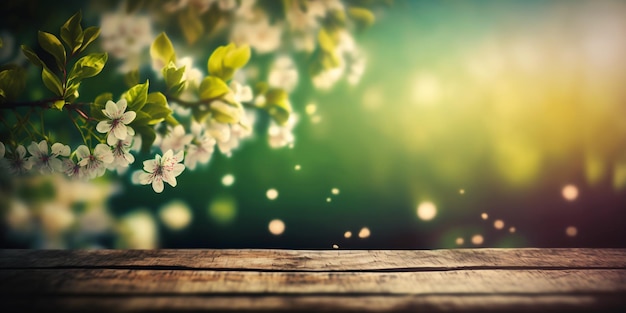 Spring Time Cherry blossoms On Wooden Table In Green Garden With Bokeh Lights And Flare Effect copy space