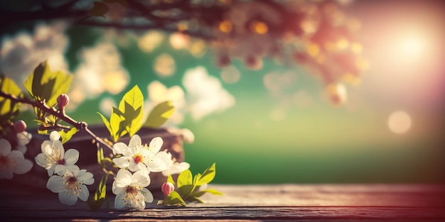 Spring Time Cherry blossoms On Wooden Table In Green Garden With Bokeh Lights And Flare Effect copy space