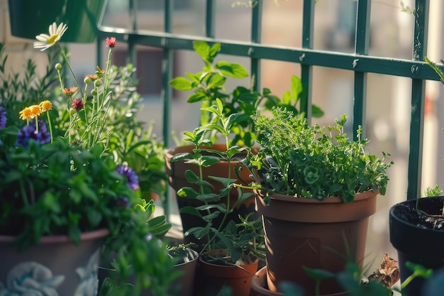 Spring time replanting plants herbs flowers and plants in pots green garden on a balcony