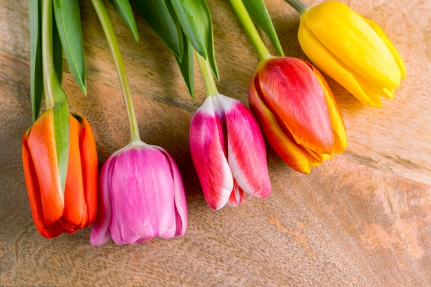 Spring tulip flowers bouquet on wooden background