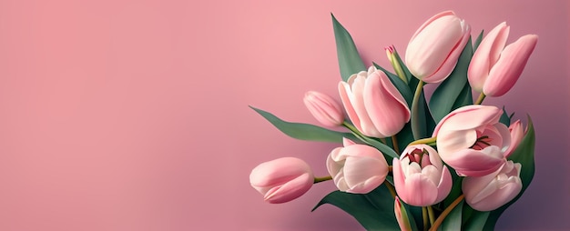 Spring tulip flowers on pink background top view in flat lay style Greeting for Womens or Mothers Day or Spring Sale Banner Generative Ai