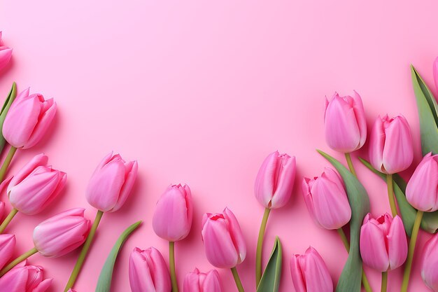 Spring tulip flowers on pink background top view