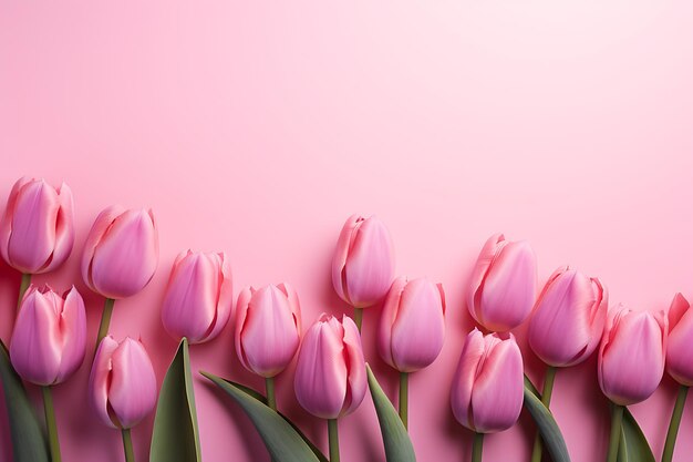 Spring tulip flowers on pink background top view