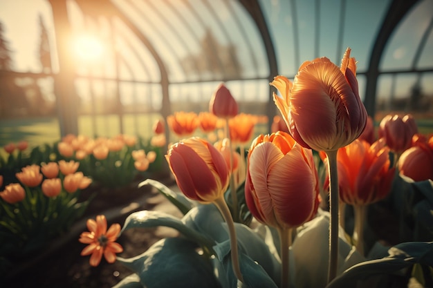 Spring tulips in morning sunny greenhouse illustration Generative AI