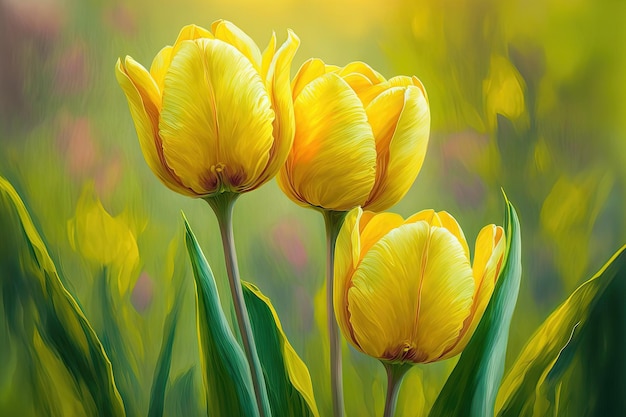 Spring tulips yellow on blurred green Easter nature closeup