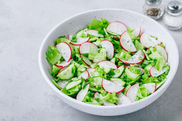 Spring vegetable salad Fresh radish cucumber salad with green lettuce in bowl