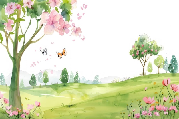 Photo spring watercolor landscape with green trees pink flowers and butterflies vibrant nature scene for seasonal themes generative ai