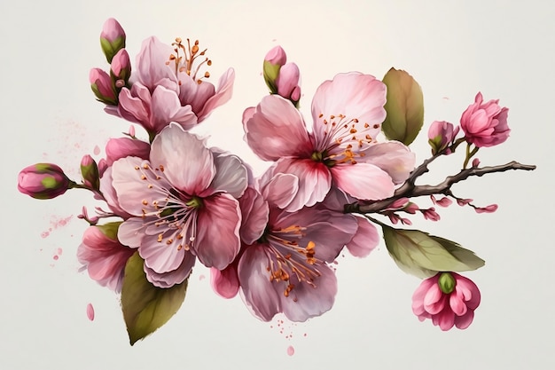 Spring watercolor painting of cherry blossom branches on a white paper background Pink sakura flower design for postcard banner Image is generated with the use of an AI Template design