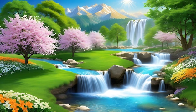 spring weather mountain waterfalls and river beautiful nature wallpaper generative ai