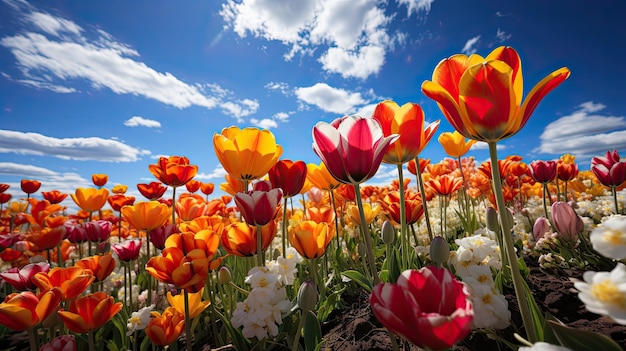 Spring windmill and field of colorful tulips Closeup of flowers and in the background the windmill against the blue sky Generative AI