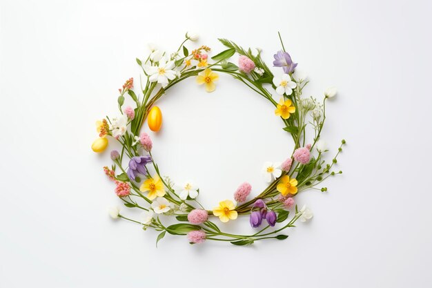 Photo spring wreath with easter quail chicken eggs and leaf sprigs of flowers