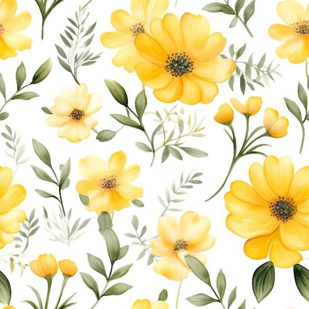 Spring Yellow flowers watercolor seamless patterns