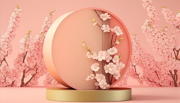 Springinspired podium display with apple blossom on a peach pastel background