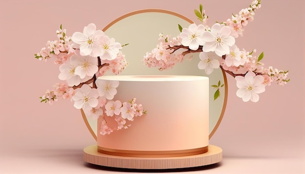 Springinspired podium display with apple blossom on a peach pastel background