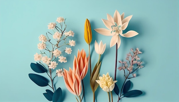 Springs flowers on pastel background seasoning of floral composition flat lay with Generative AI