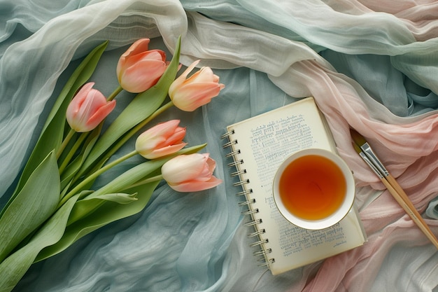 Photo springtime art and tea flat lay