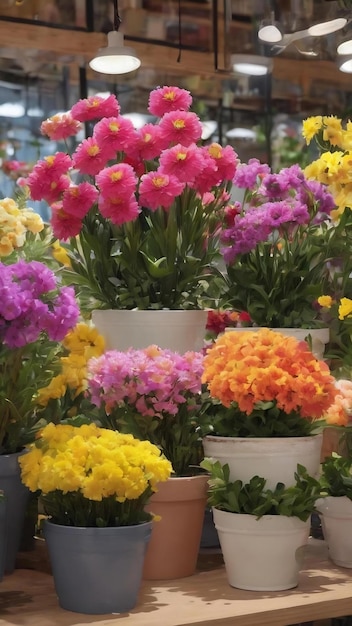 Springtime blooming potted flowers in a flower shop