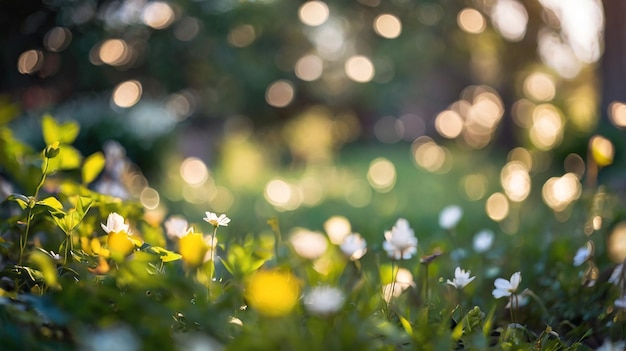 Springtime blurred bokeh on a peaceful garden and flower meadow