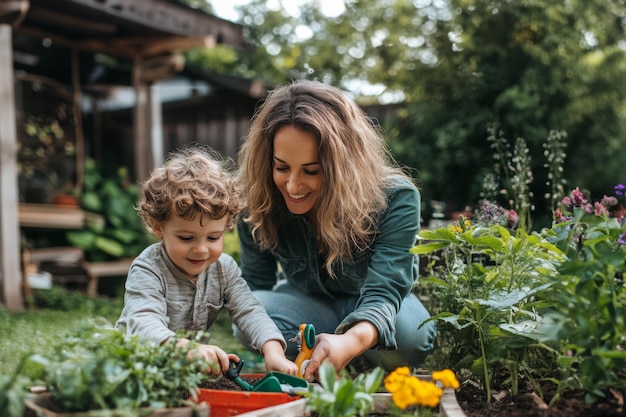 Photo springtime bonding mother and sons gardening day