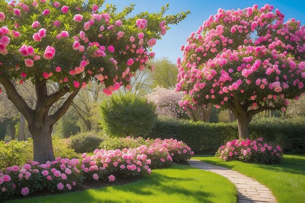 Photo springtime border with a blooming pink camellia tree