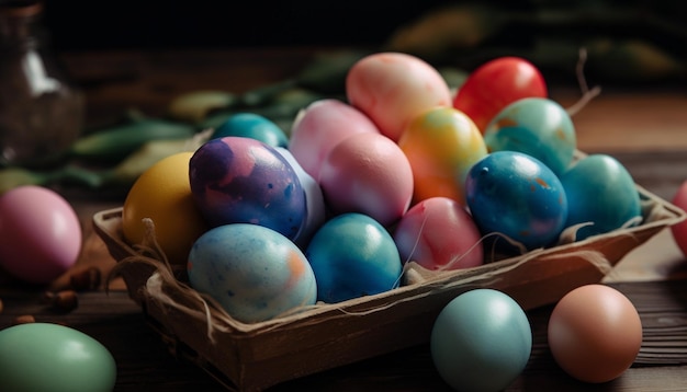 Springtime celebration a basket of colorful eggs generated by AI