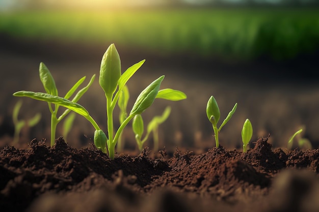 Springtime corn field with fresh green sprouts in soft focus In a farmed farm area young green corn seedling sprouts are growing Agricultural landscape with soil based corn sprouts