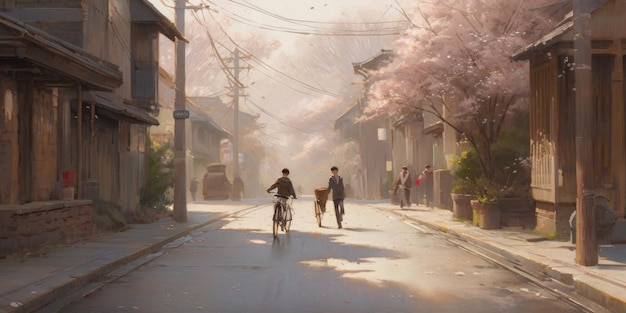 Springtime Cycling in a Charming Street Generative AI