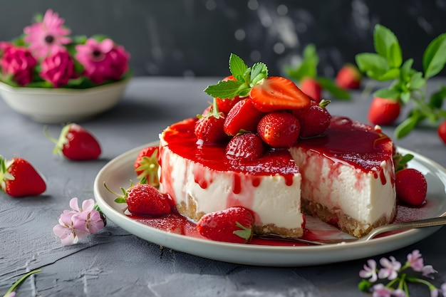 Photo springtime delicacy strawberry cheesecake with a sumptuous strawberry sauce finish