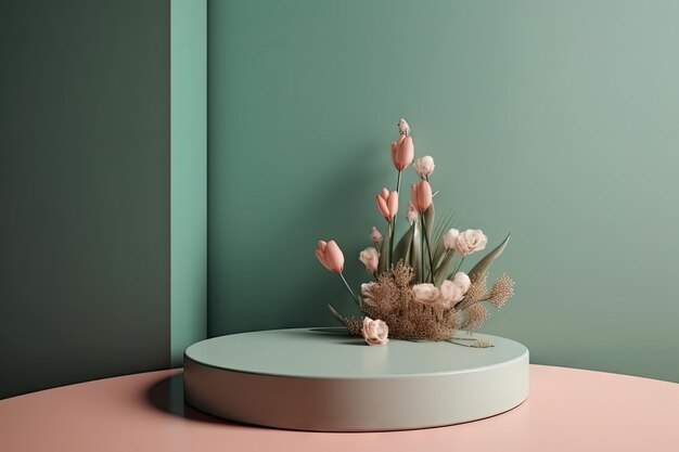 Springtime minimal round podium with blooming flower in the background created with generative ai