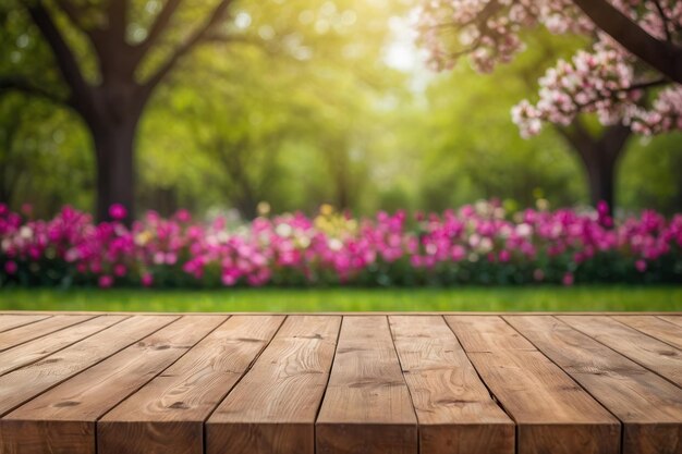 Springtime Park Scenery with Wooden Table