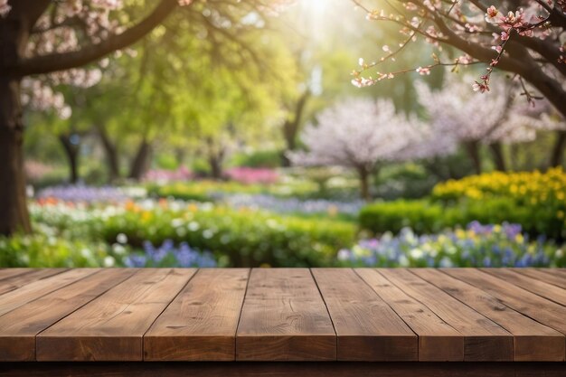 Springtime Park Scenery with Wooden Table