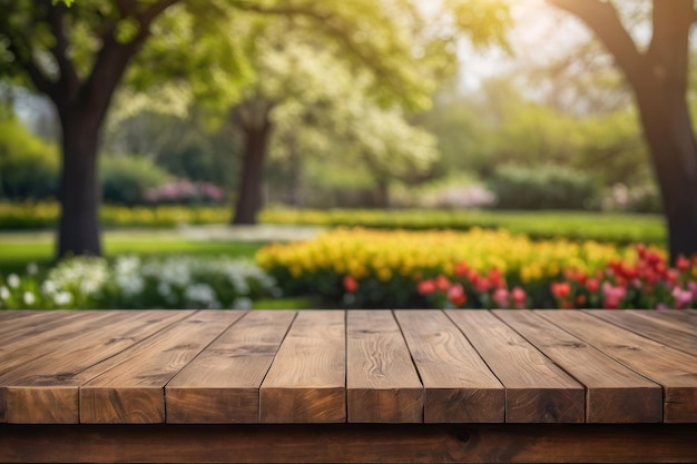 Springtime Park Scenery with Wooden Table