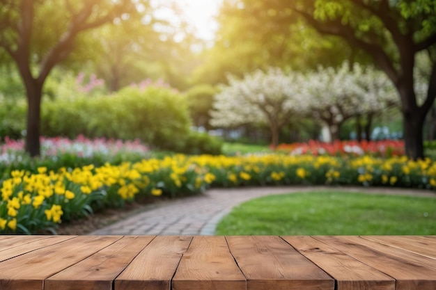 Springtime Park Scenery with Wooden Table