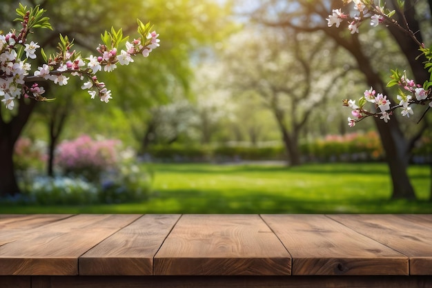 Springtime Park Scenery with Wooden Table