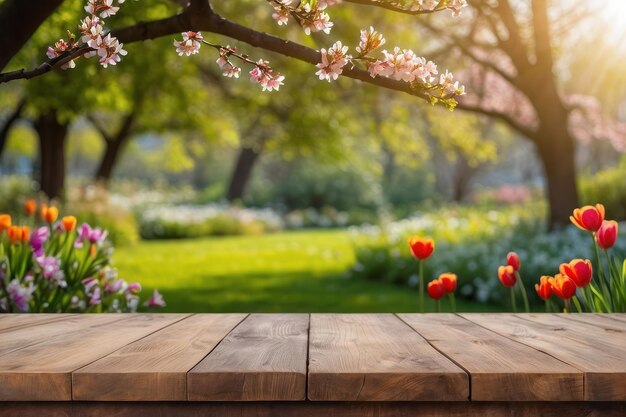 Springtime Park Scenery with Wooden Table