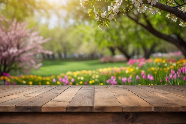 Springtime Park Scenery with Wooden Table