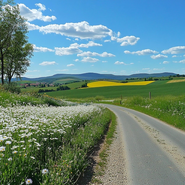 Photo a springtime road trip through the countryside with fields of flowers and scenic views