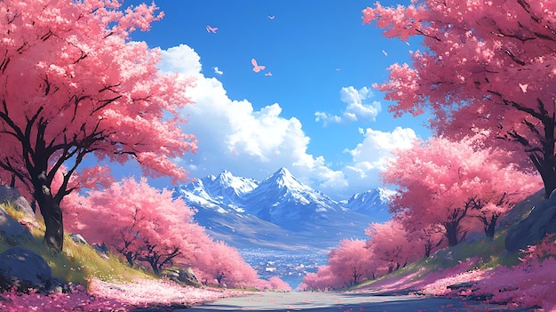 Springtime Scenery with Pink Cherry Blossoms and Snowy Mountains