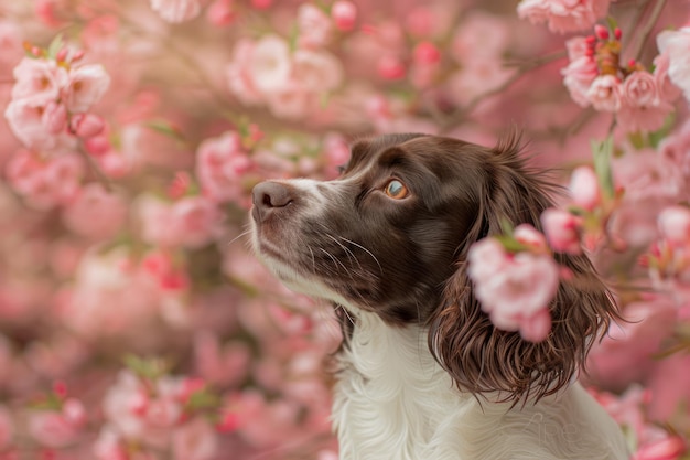 Springtime Serenity English Springer Spaniel Dog Admiring Blossoming Cherry Flowers