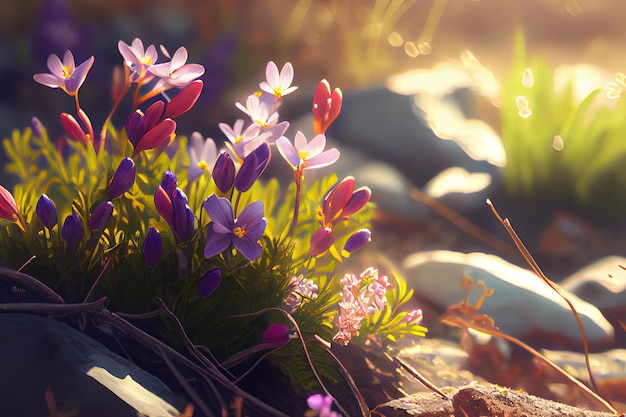 Springtime Spring Flowers in Sunlight Generative Ai