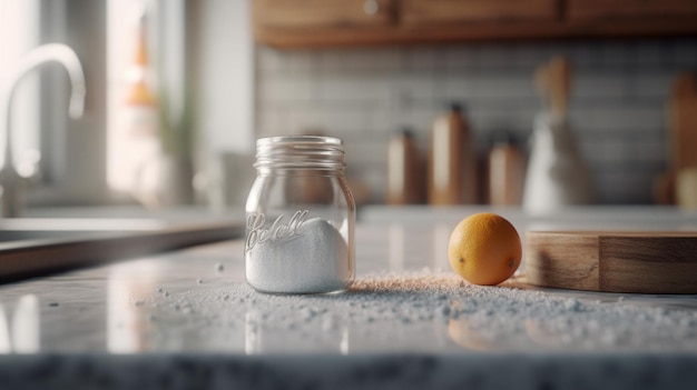 A sprinkle of baking soda on a pristine kitchen counter creates a minimalist and clean aesthetic